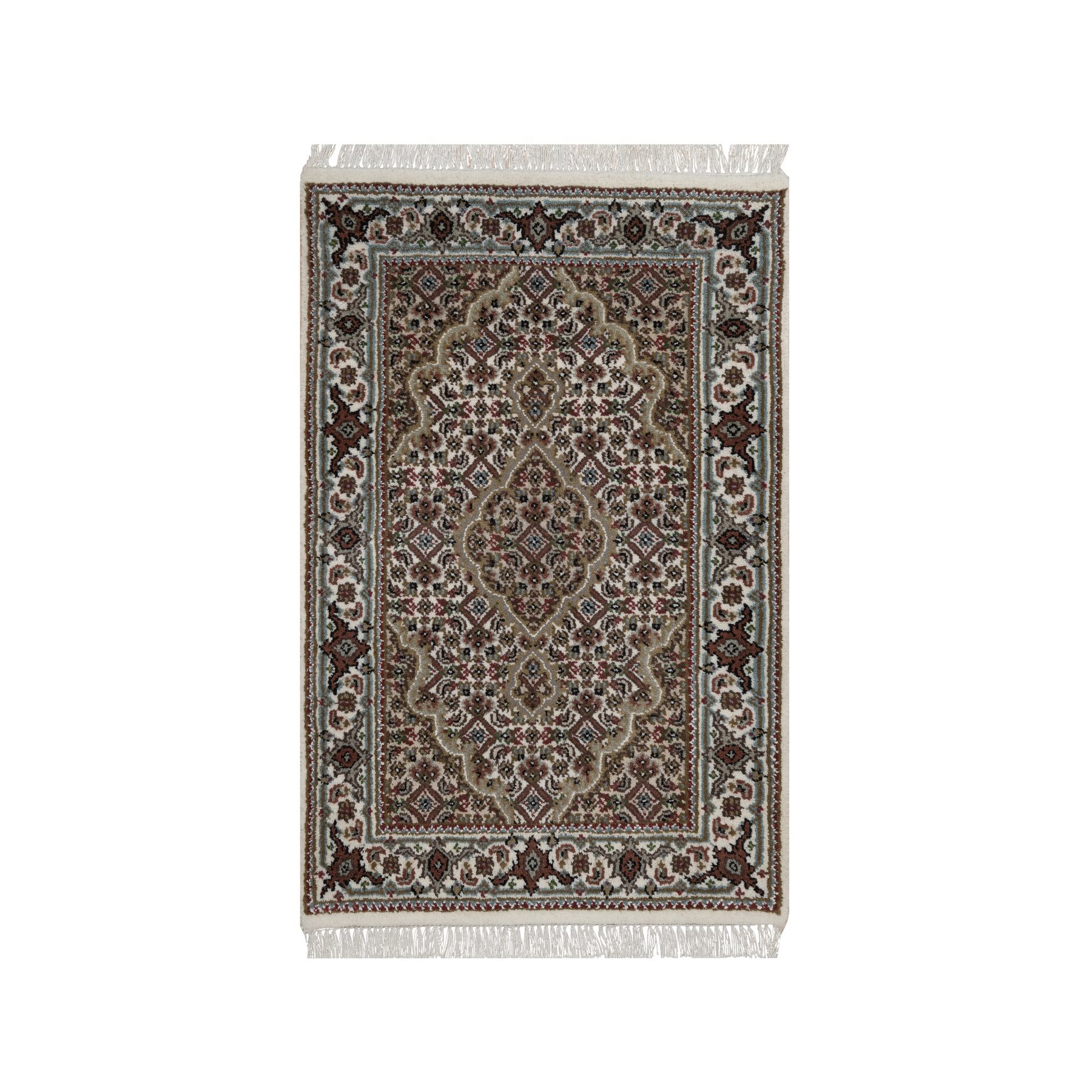 Pearl White, Tabriz Mahi with Fish Medallion Design, Hand Knotted, 100% Wool, 175 KPSI, Sample, Mat, Oriental Rug